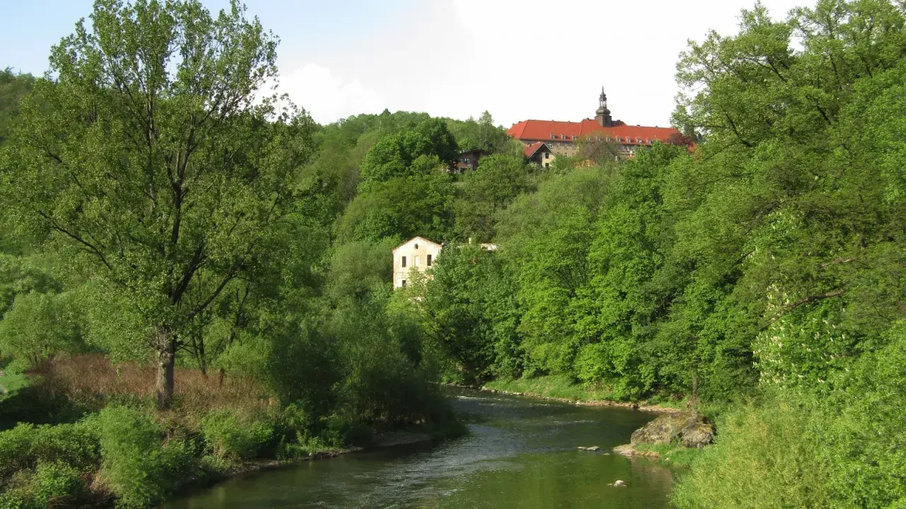 Zielona dolina Nysy Kłodzkiej w Bardo Śląskim. Rzeka meandruje wśród bujnej roślinności, a na wzgórzu majaczy klasztor.