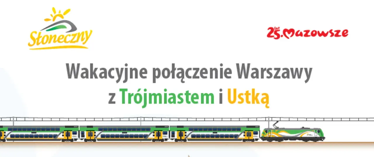 Pociąg słoneczny na trasie Warszawa-Trójmiasto-Ustka. Wakacyjne połączenie z logo Słoneczny.