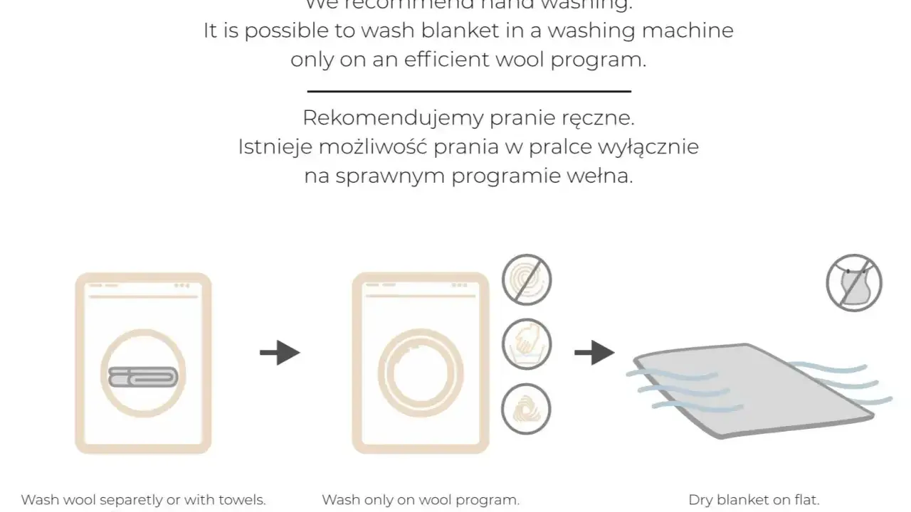 Jak prać wełnę merino? Zalecane pranie ręczne lub w pralce na programie wełna. Suszyć na płasko.