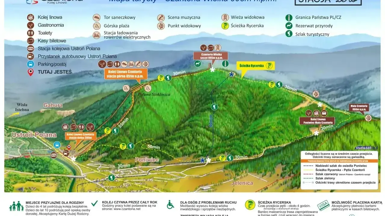 Mapa turystyczna Czantoria Wielka 995m n.p.m. z zaznaczonymi szlakami, kolejką linową i atrakcjami.