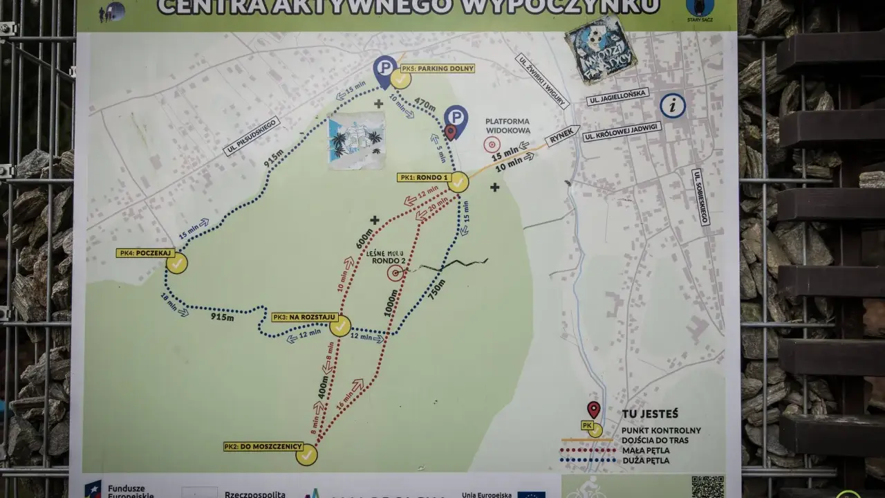 Mapa szlaku turystycznego z zaznaczonym leśne molo, punktami kontrolnymi i odległościami.