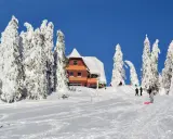 Zimowy krajobraz z chatką Rysianka, otoczoną ośnieżonymi drzewami. Na stoku widać ludzi, w tym dziecko z sankami.