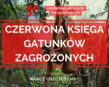 Orangutan z dzieckiem wisi na drzewie. Nad nimi napis "CZERWONA KSIĘGA GATUNKÓW ZAGROŻONYCH", informujący o liście IUCN.