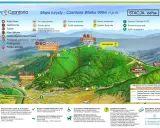 Mapa turystyczna Czantoria Wielka 995m n.p.m. z zaznaczonymi szlakami, kolejką linową i atrakcjami.