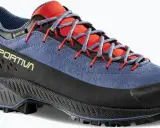 Niebieskie buty trekkingowe La Sportiva TX4 Evo z czerwonymi akcentami i szarymi sznurówkami. Wodoodporna membrana Gore-Tex.