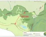 Mapa Karkonoszy z zaznaczonymi szlakami. Zamknięty szlak przy Pielgrzymach wymaga obejścia zielonym szlakiem.