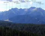 Gęsia szyja skąd wyruszyć? Widok na Tatry Wysokie z lasem w pierwszym planie. Na szczytach widoczne nazwy: Gęsia Szyja, Wielka Koszysta, Suchy Wierch.