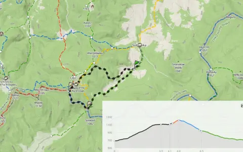 Mapa szlaków turystycznych z zaznaczoną trasą i profilem wysokości. Wielka Rycerzowa i inne szczyty.