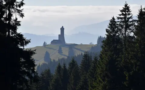 Widok na dalimilova rozhledna na wzgórzu, otoczona lasem i mgłą.