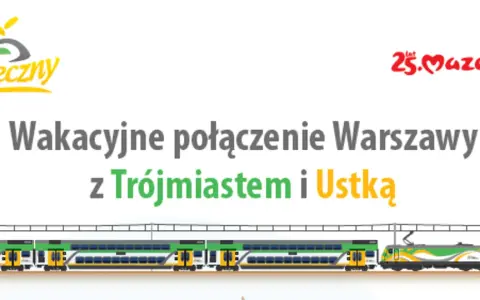 Pociąg słoneczny na trasie Warszawa-Trójmiasto-Ustka. Wakacyjne połączenie z logo Słoneczny.
