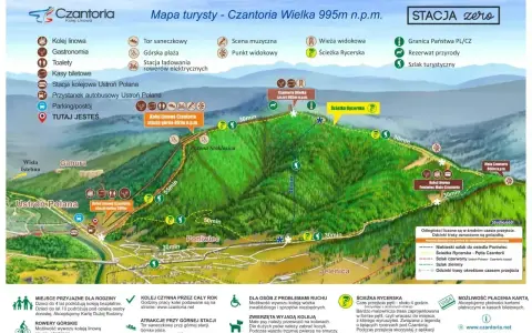 Mapa turystyczna Czantoria Wielka 995m n.p.m. z zaznaczonymi szlakami, kolejką linową i atrakcjami.