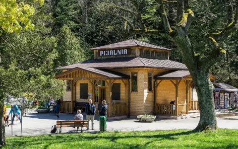 Drewniana Pijalnia w Rymanowie Zdroju, jedna z głównych atrakcji, otoczona zielenią.