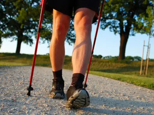 Nogi w butach do nordic walking, z kijkami w rękach, na ścieżce. Dowiedz się, jak prawidłowo założyć buciki na kijki nordic walking.