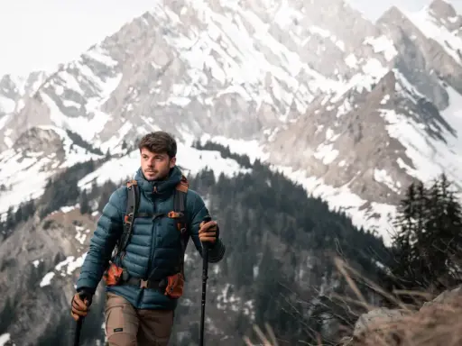 Mężczyzna w kurtce z ociepliną **Primaloft Gold** wędruje po górskim szlaku, wspierając się kijkami.
