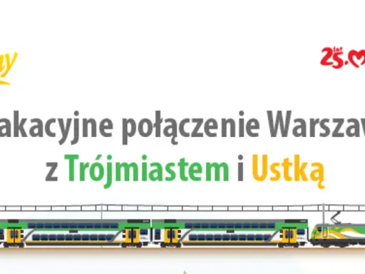 Pociąg słoneczny na trasie Warszawa-Trójmiasto-Ustka. Wakacyjne połączenie z logo Słoneczny.