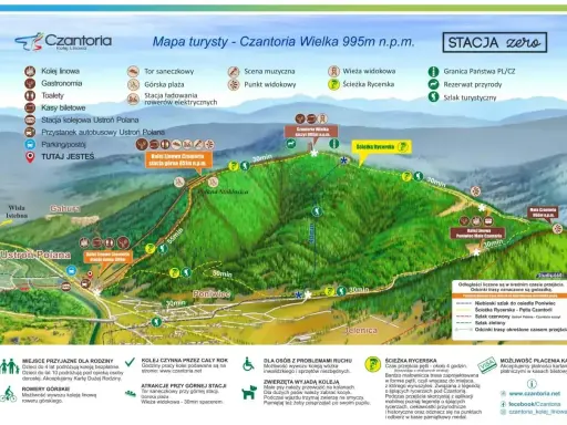 Mapa turystyczna Czantoria Wielka 995m n.p.m. z zaznaczonymi szlakami, kolejką linową i atrakcjami.