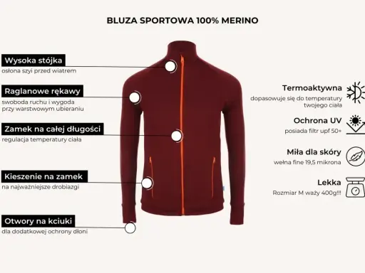Bordowa bluza sportowa z wysoką stójką, raglanowymi rękawami i zamkiem na całej długości. Wykonana z wełny merynos, termoaktywna, z ochroną UV i otworami na kciuki.