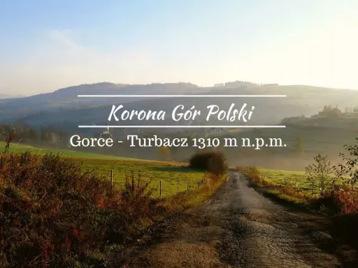 Poranna mgła otula gorce szczyty. Droga prowadzi przez zielone pola ku Turbaczowi, najwyższemu wzniesieniu Korony Gór Polski.
