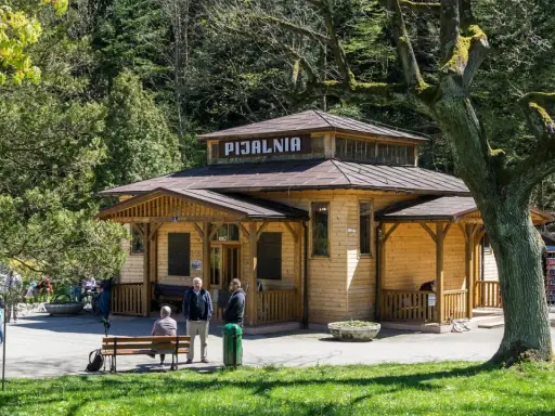Drewniana Pijalnia w Rymanowie Zdroju, jedna z głównych atrakcji, otoczona zielenią.