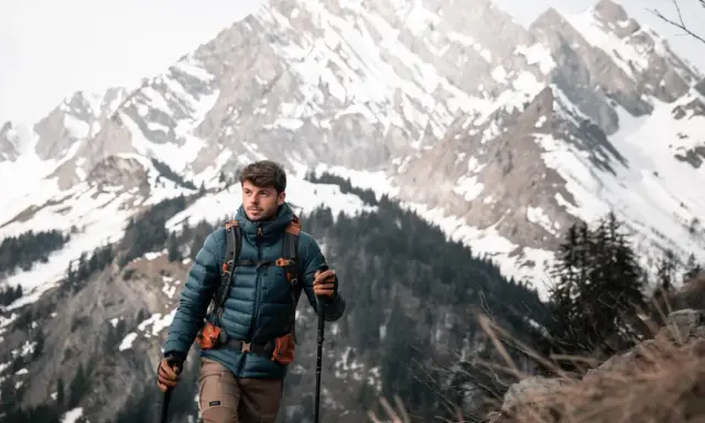 Mężczyzna w kurtce z ociepliną **Primaloft Gold** wędruje po górskim szlaku, wspierając się kijkami.