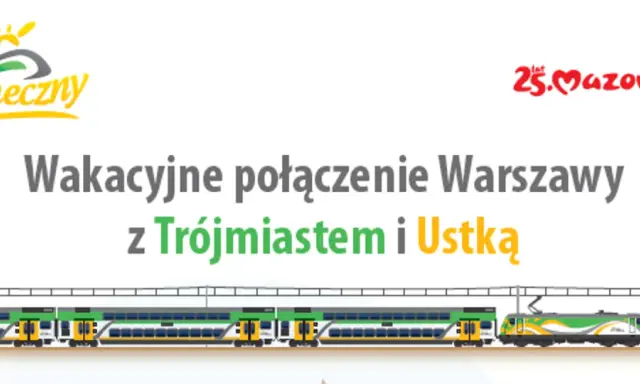 Pociąg słoneczny na trasie Warszawa-Trójmiasto-Ustka. Wakacyjne połączenie z logo Słoneczny.