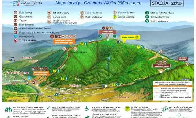 Mapa turystyczna Czantoria Wielka 995m n.p.m. z zaznaczonymi szlakami, kolejką linową i atrakcjami.