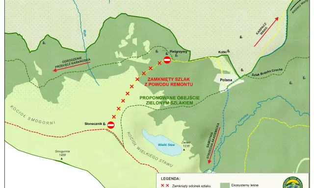 Mapa Karkonoszy z zaznaczonymi szlakami. Zamknięty szlak przy Pielgrzymach wymaga obejścia zielonym szlakiem.