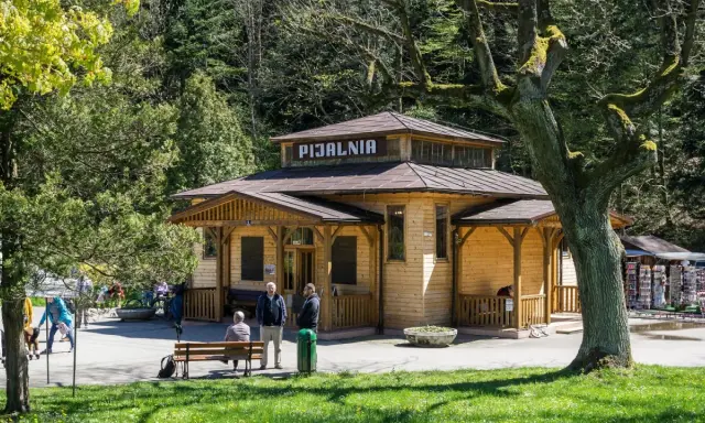 Drewniana Pijalnia w Rymanowie Zdroju, jedna z głównych atrakcji, otoczona zielenią.