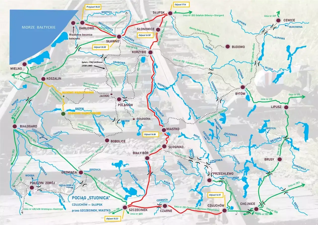 Mapa kolejowa z zaznaczoną trasą pociągu