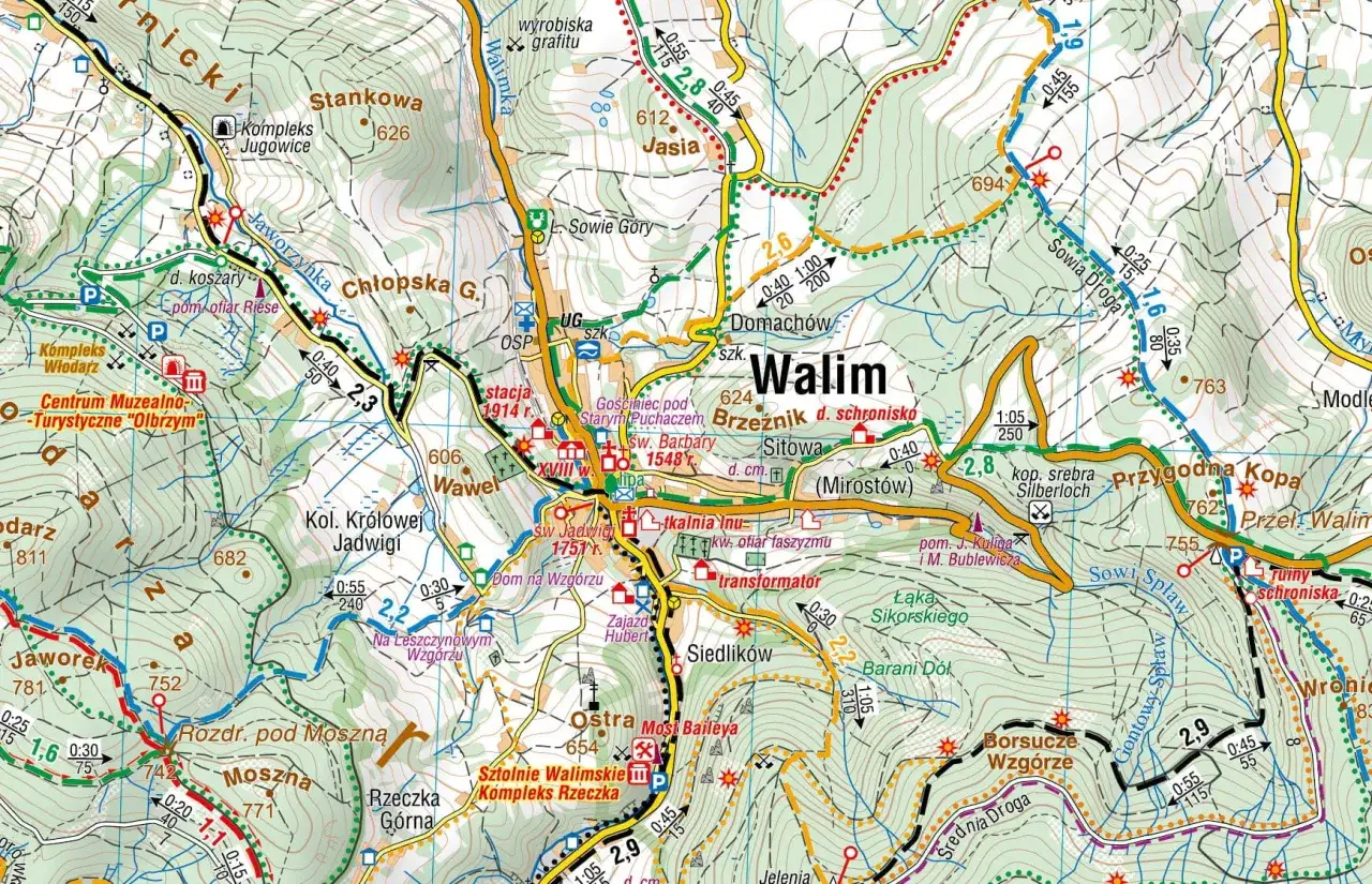 Mapa turystyczna Gór Sowich: Walim, Sowie Góry, liczne szlaki i miejscowości.