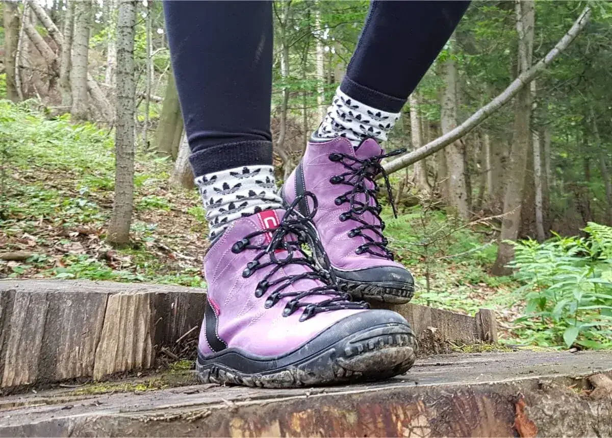 Fioletowe buty trekkingowe na drewnianym pniu w lesie. Czy buty trekkingowe powinny być większe? Z pewnością wygodne na wędrówkę.